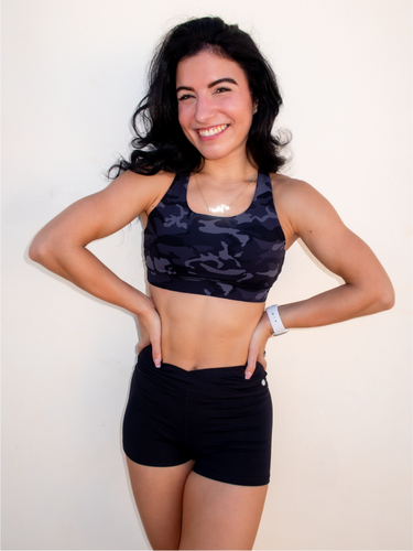 Black camo sporta bra with high neck and thick strappy back to provide medium to high support.
