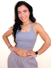 Load image into Gallery viewer, Grey cropped racerback spandex tank with a built-in sports bra.