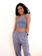 Load image into Gallery viewer, Grey cropped racerback spandex tank with a built-in sports bra.
