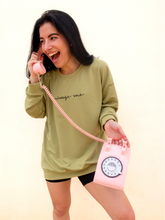 Load image into Gallery viewer, pale green crewneck sweatshirt with the phrase "vintage soul" embroidered across the front and several retro icons printed on the back
