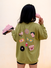 Load image into Gallery viewer, pale green crewneck sweatshirt with the phrase "vintage soul" embroidered across the front and several retro icons printed on the back