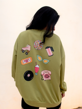 Load image into Gallery viewer, pale green crewneck sweatshirt with the phrase "vintage soul" embroidered across the front and several retro icons printed on the back