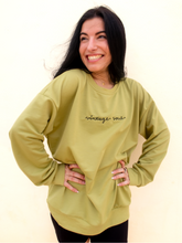 Load image into Gallery viewer, pale green crewneck sweatshirt with the phrase "vintage soul" embroidered across the front and several retro icons printed on the back