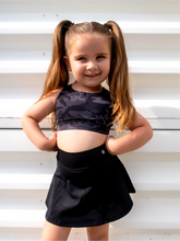 Load image into Gallery viewer, Black camo sporta bra with high neck and thick strappy back to provide medium to high support.