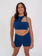 Load image into Gallery viewer, Blue Vanity shorts have an extra supportive high waist with a v-cut front.