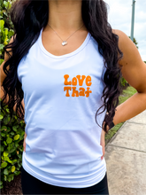 Load image into Gallery viewer, White fitted sports tank top with coral "Love That" design in retro hand-illustrated font.