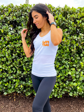 Load image into Gallery viewer, White fitted sports tank top with coral "Love That" design in retro hand-illustrated font.