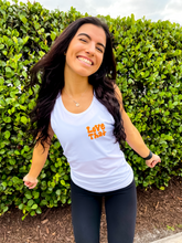 Load image into Gallery viewer, White fitted sports tank top with coral "Love That" design in retro hand-illustrated font.