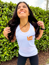 Load image into Gallery viewer, White fitted sports tank top with coral "Love That" design in retro hand-illustrated font.