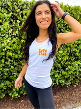 Load image into Gallery viewer, White fitted sports tank top with coral "Love That" design in retro hand-illustrated font.