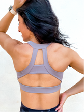 Load image into Gallery viewer, Grey sports bra has a slightly higher neck and thick strappy back to provide great comfort and high support.