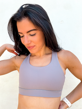 Load image into Gallery viewer, Grey sports bra has a slightly higher neck and thick strappy back to provide great comfort and high support.