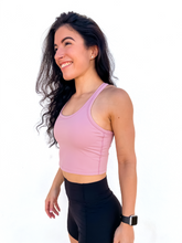 Load image into Gallery viewer, The purple Peachy tank is a comfortable cropped tank top with a built in sports bra made for everyday wear.