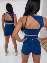 Load image into Gallery viewer, Blue Vanity shorts have an extra supportive high waist with a v-cut front.