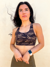 Load image into Gallery viewer, Camo sports bra with a simple front, strappy back and light-medium support.
