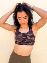 Load image into Gallery viewer, Camo sports bra with a simple front, strappy back and light-medium support.