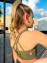 Load image into Gallery viewer, Kids army green sports bra with simple front and cute criss cross back