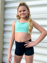 Load image into Gallery viewer, Kids tiffany blue sports bra with simple front and cute criss cross back