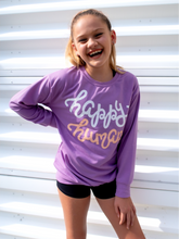 Load image into Gallery viewer, Young girl modeling a purple lightweight, crewneck sweatshirt with a hand-lettered script design saying &quot;happy human&quot; on the front in white and peach.
