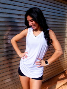 Soft, versatile and timeless white v-neck tank top perfect for an active lifestyle.