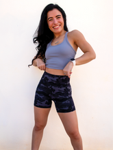 Load image into Gallery viewer, Comfortable, soft and stretchy black camo biker shorts

