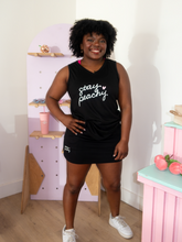 Load image into Gallery viewer, Black sweatskirt with built in shorts and "stay peachy" design detail
