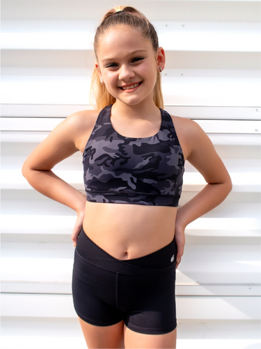 Form fitting, high waisted, black spandex shorts with a criss cross waistband.