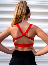 Load image into Gallery viewer, Red sports bra with a simple front, strappy back and light-medium support.
