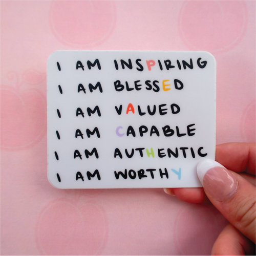 I AM PEACHY Sticker with positive affirmations. Sticker is waterproof, matte, durable.
