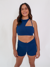 Load image into Gallery viewer, Blue Vanity shorts have an extra supportive high waist with a v-cut front.
