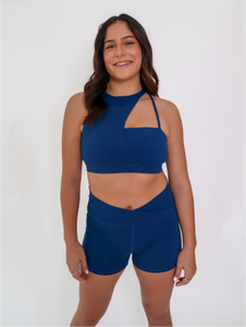 Blue Vanity shorts have an extra supportive high waist with a v-cut front.