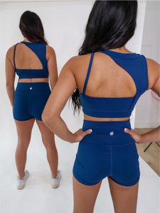 Blue Vanity shorts have an extra supportive high waist with a v-cut front.