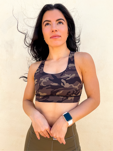 Camo sports bra with a simple front, strappy back and light-medium support.