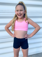 Load image into Gallery viewer, The Youth Peachy Shorts are high-waisted in color black with a 75% nylon, 25% spandex blend. Extra stretchy fabric provides extra comfort while still providing a more fitted appearance.
