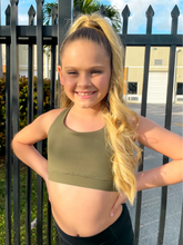 Load image into Gallery viewer, Kids army green sports bra with simple front and cute criss cross back
