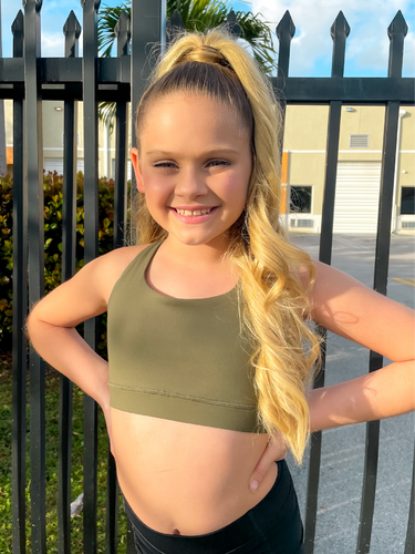 Kids army green sports bra with simple front and cute criss cross back