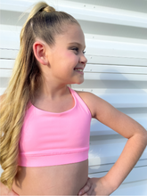 Load image into Gallery viewer, Kids light pink sports bra with simple front and cute criss cross back
