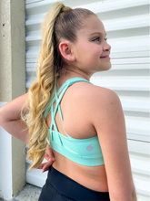 Load image into Gallery viewer, Kids tiffany blue sports bra with simple front and cute criss cross back
